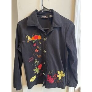 Onque Casuals Black Embroidered Fall Pumpkin Leaf Cat Button Front Jacket Small